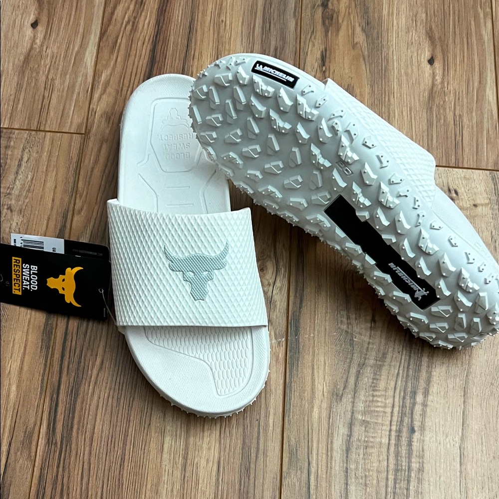 Under Armour White Sandals Slides with Rocky Logo